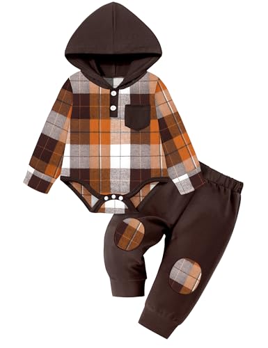 Image of Fommy Baby Boy Clothes Flannel Plaid Outfits Long Sleeve Hoodie Romper Fall Winter 2 Pcs Clothes for Boy