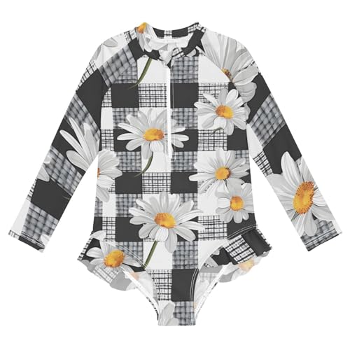 Girls One Piece Swimsuits Long Sleeve Swimsuit Zipper Bathing Suits Daisies Black and White Buffalo Plaid