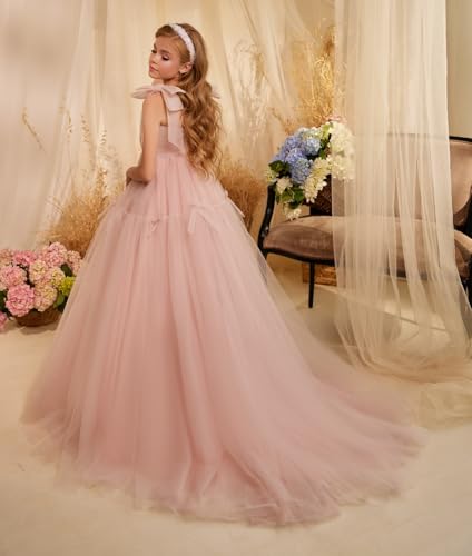 Fairy Flower Girl Dress Pink Tulle Pageant Dress for Girls 7-16 Princess Junior Bridesmaid Dress with Bows2