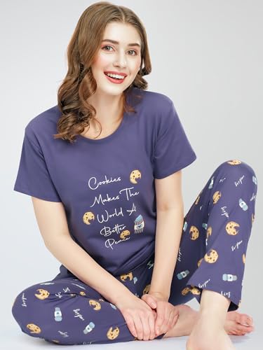 Image of ZEYO Night Suit for Women's Cookies & Cup Printed Cotton Night Dress of Top and Pajama Set 5772
