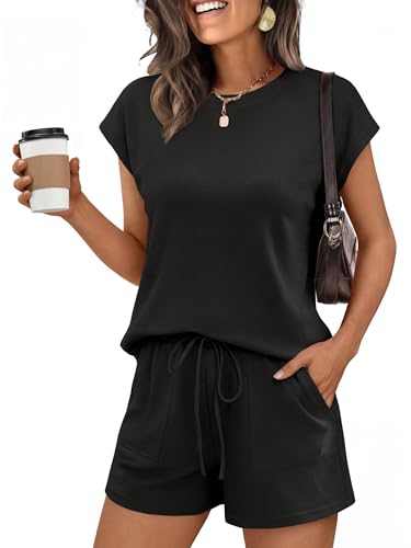 ANRABESS Womens Waffle Knit 2 Piece Short Sets Cap Sleeve Summer 2026 Matching Lounge Outfits Travel Beach Vacation Sweatsuit Black Medium