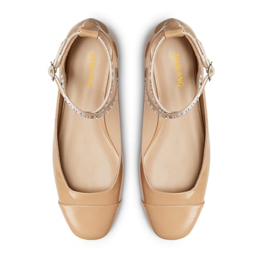 Maiyang Women Lovely Round Cap Toe Rhinestone Strappy Mary Jane Pumps Cross Ankle Strap Low Heel Ballroom Party Dress Ballet Flats Size 4-16 US4