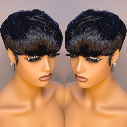 Parrucca corta in capelli umani da donna con frangia, parrucca frontale in pizzo senza colla 100% capelli naturali, liscia realizzata interamente a macchina, parrucca corta a strati, 1B, nero naturale