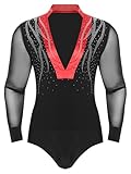 Winnrchan Men See-Through Mesh Latin Tango Dance Leotard Metallic Long Sleeve Cha Cha Rumba Dance Costume Red 3X-Large