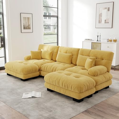 BNUZ Sofá esquinero modular de lujo - Sofá de gran tamaño en forma de U para sala de estar, asiento profundo amarillo sofá cama convertible con otomano