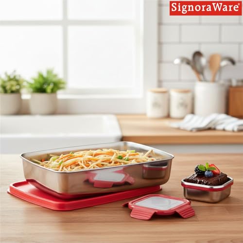 Image of SignoraWare Munch Mate Stainless Steel Lunch Box | Airtight & Leakproof | Durable & Compact | Easy to Carry | Ideal Tiffin for Office, School, Kids & Travel (550ml + 130ml | Red)