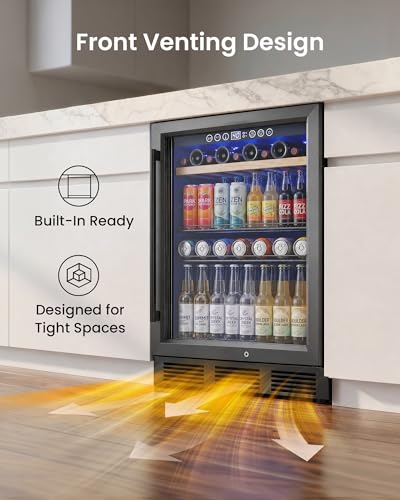 Image of 24 In Beverage Refrigerator, 112 Cans & 8 Bottles Wine Fridge with Double-Layer Glass Door, Built-In or Freestanding Wine and Beverage Refrigerator, Under Counter Fridge for Home /Bar /Cafe