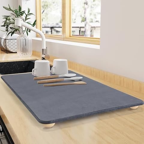 Large Stone Dish Drying Mat for Kitchen Counter, 24"×16" Quick Dry Super Absorbent Eco-Friendly Diatomaceous Earth Stone Mat with hemisphere wooden feet, Non-slip, Heat Resistant, Multi-purpose mats. Cover