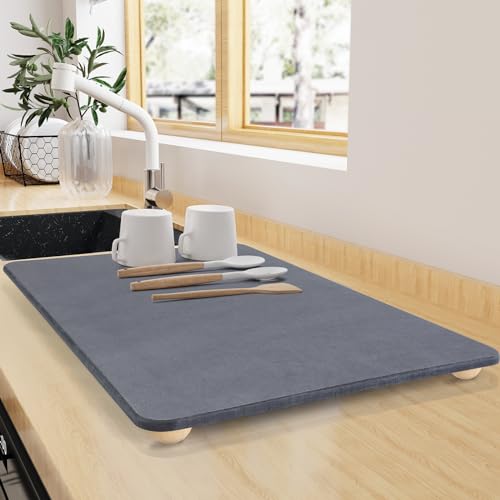 Stone Dish Drying Mat for Kitchen Counter, 16"×12" Quick Dry Super Absorbent Eco-Friendly Diatomaceous Earth Stone Mat with hemisphere wooden feet, Non-slip, Heat Resistant, Multi-purpose mats. by ZACELOVE - Used condition - US$21.44