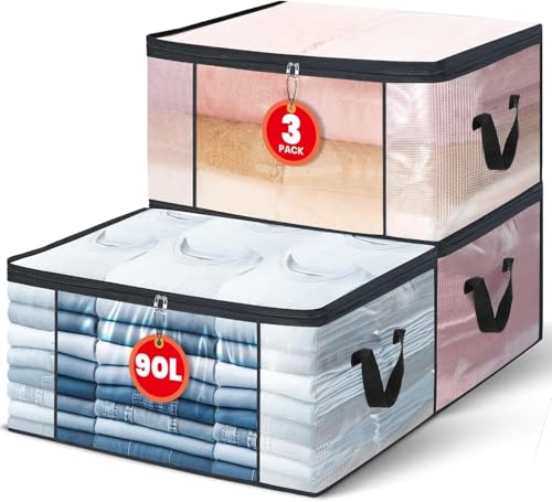 NEWSONA 3 Piezas Bolsas de Almacenamiento 90L Debajo de la Cama Organizador Para Ropa, Mantas & Ropa de Cama – Bolsa Plegable Para Armario Con Ventana Transparente & Asas, 60×45×35 cm