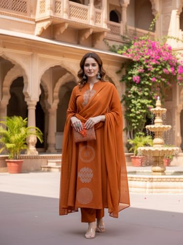 Image of ANNI Designer Women's Rayon Viscose Embroidered Straight Kurta Set with Pant and Dupatta | Ethnic Wear Kurta Pant Dupatta Set for Women | Traditional Indian Outfit