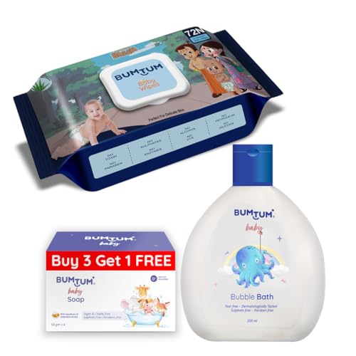 Image of Bumtum Chota Bheem Gentle Soft Moisturizing Wet Wipes With Lid - 72 Pcs.(Pack of 1) & Baby Soap (4N x 50 Gram) & Baby Bubble Bath (200 ML) Combo