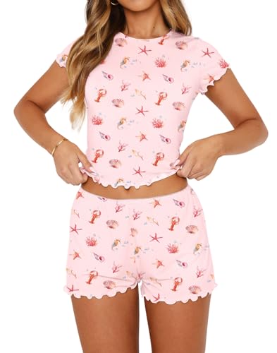Image of Dressmine Women Sexy PJ Sets Cute Pajamas Set 2 Piece Sleepwaer Outfits | Woman Cute Pajamas Set 2 Piece Sets Casual Y2k Crewneck Tops Sleepwear 2026 Fall Sexy PJ Shorts Sets Vacation Clothes