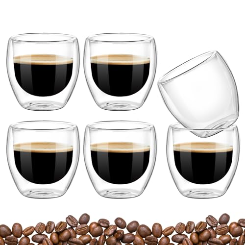 La Mejor Selección de Tazas para espresso más recomendados. 42 FAMILUCKY 6 Piezas Taza de Café Doble Pared Aislante 80ml, Vasos de Vidrio Borosilicato para Espresso y Capuchino, Mantiene Caliente y Fresco