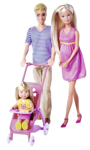 Simba 105733673 - Steffi Love Happy Family, Schwangere Spielpuppe, Kevin, Evi und Baby mit Kinderwagen, 11 Teile, Zubehör, 30cm, ab 3 Jahren