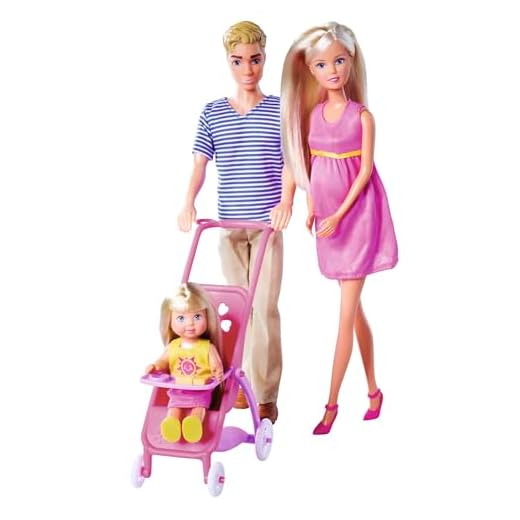 Simba 105733673 - Steffi Love Happy Family, Schwangere Spielpuppe, Kevin, Evi und Baby mit Kinderwagen, 11 Teile, Zubehör, 30cm, ab 3 Jahren