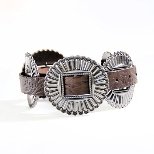 Leather Belts for Women Men Cowboy Cowgirl Antique Carved Western Floral Solid Metal Multi-Buckle Fits 28mm Strap(100cm/waist:32"~34", Brown)3