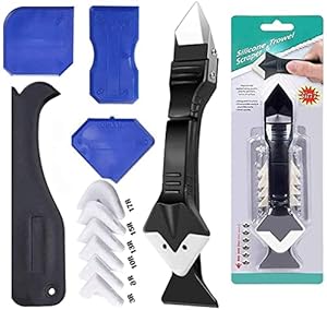 JD Fresh 5 in 1 Silicon Caulking Tool Kit (stainless steel head) Silicone Sealant Finishing Tool Grout Scraper, Reuse and Replace 5 Silicone Pads,Great Tools for Kitchen Bathroom Window,Sink Joint