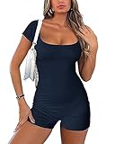 GDSBLL Womens Rompers Summer Short Sleeve Bodycon Jumpsuits Ladies Ribbed Knit Unitard Bodysuit,Navy,Small