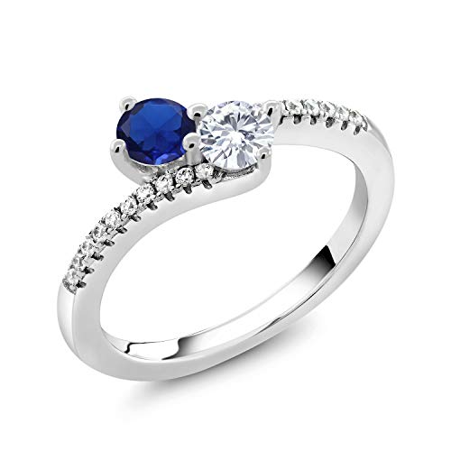 Gem Stone King Two-Stone Bypass Ring for Women in 925 Sterling Silver | 4MM Round Gemstone Birthstone and Blue Created Sapphire | Crossover Anniversary Engagement Wedding Promise Ring | Sizes 5-92
