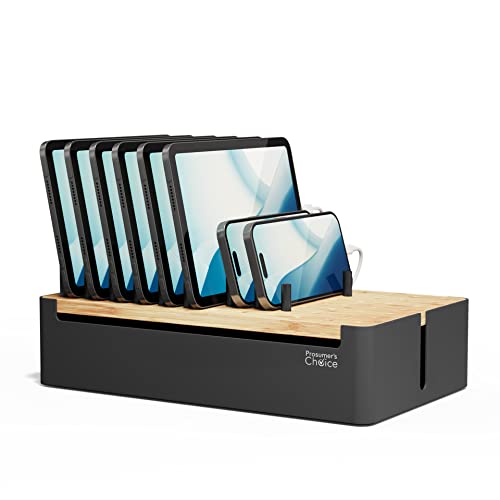 Prosumer's Choice Black Wooden Charging Station Organizer for Multiple Devices - Cable Management Box with 5 Slots and Removable Dividers - Charger Organizer for Phone, Tablet, Home, Office, 12"x6"x7"