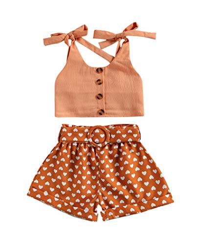Urkutoba Baby Girl Summer Shorts Sets Sleeveless Bowknot Strap Crop Vest Top Heart Belt Wide Leg Shorts Summer Outfits (Orange, 6-12 Months)