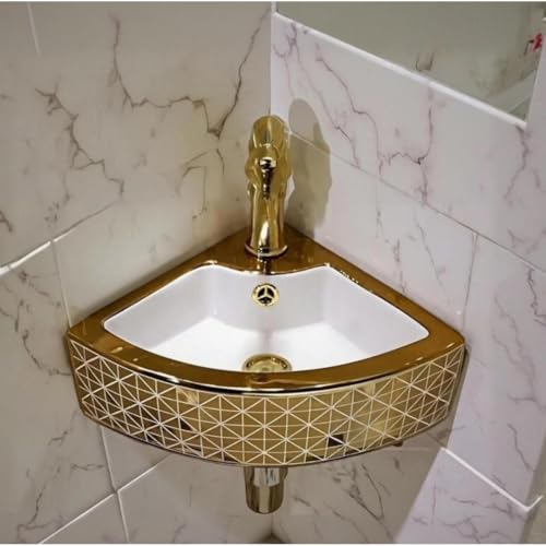 Image of BASSINO 13x17x5 Inches Ceramic Wall Mount Wash Basin /1 Year Warranty /Triangle Tabletop Basin for Bathroom /Above Counter Sink for Dining Hall /Living Room /Hotel /Office(White & Gold Finish)