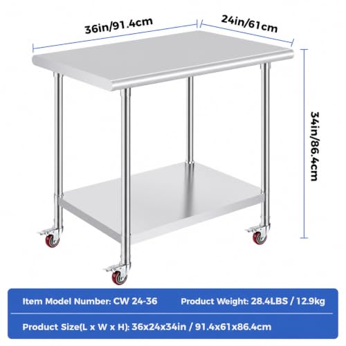 Image of OSTBA Stainless Steel Prep Table with 4 Locking Casters Wheels, 24 x 36 Inch Heavy Duty Commercial Work Table with Adjustable Undershelf for Restaurant, Kitchen, Garage & Home, NSF Certified
