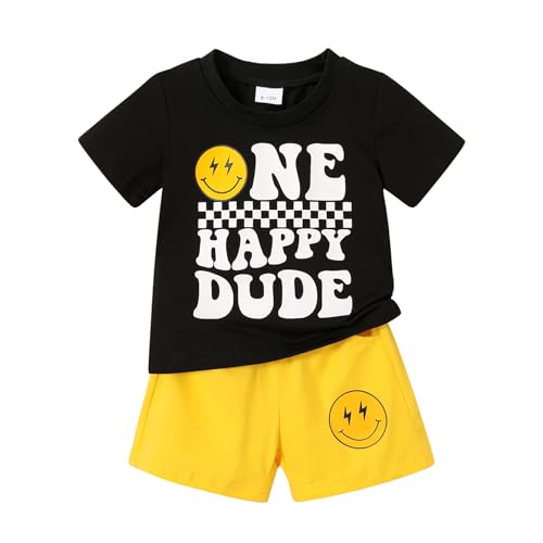 Happy Town Baby Boy Summer Clothes One Happy Dude 1st Birthday Outfits Smile Cool Short Sets(One happy dude-yellow shorts 3-6 Months)