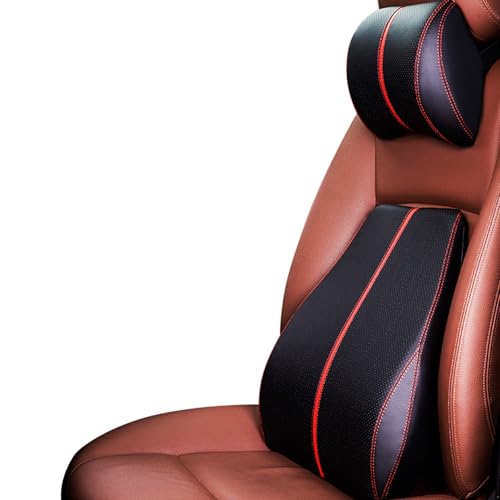Ergocar Almohada de Lumbar & Almohada de Cuello Cuero de PU Cojin Lumbar Coche Cojín de Asiento para Casa Oficina Coche (Negro-Rojo, Almohada de Cuello + Cojín Lumbar)