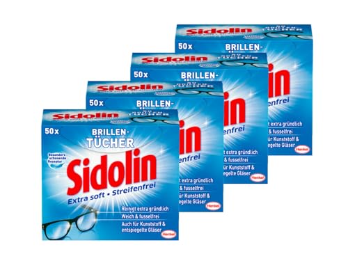 Sidolin Brillenputztücher 200 (4 x 50) Stück, feuchte Reinigungstücher für Brillen, Displays, Bildschirme, reinigen mühelos und fusselfrei, optimal für unterwegs
