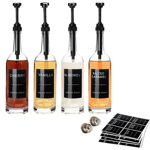 MSTCMZP 25.4 oz 750 ml Glass Coffee Syrup Dispenser for Coffee Bar With Pump & Lables Glass Syrup Bottle Included -4 Pack
