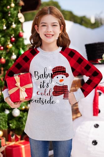 Image of BesserBay Girl's Christmas Buffalo Plaid Raglan Top Funny Holiday Graphic Shirt 4-14 Years
