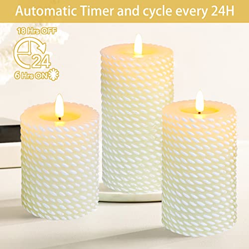 Image of Flameless Candles Set of 3, White Real Wax Rope Theme Battery Operated LED Candles with Remote Control and Timer for Gift Home Festival Decor