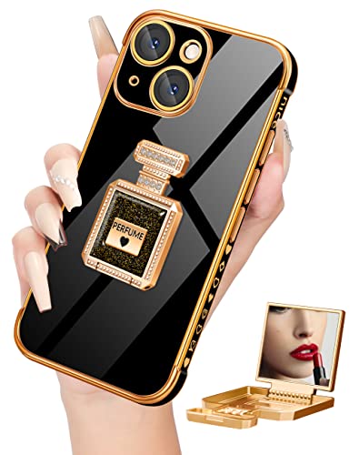 Buleens for iPhone 13 Case for Women Girls, Cute Girly Heart Cases for iPhone 13 with Metal Perfume Bottle Mirror Stand, Elegant Luxury Phone Cover for iPhone 13 Case Cute 6.1'' Black