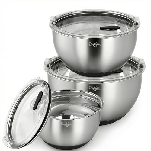 Mixing Bowls with Airtight Lids, Stainless Steel Nesting Bowl Set with Clear Lids & Valve...