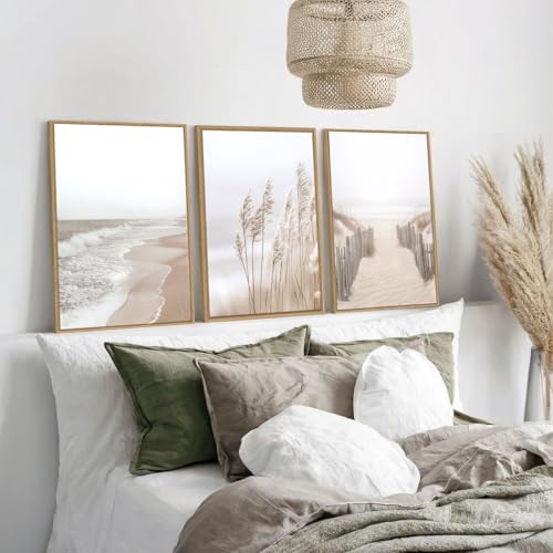 Image of Neutral Beach Pampas Grass Wall Art Boho Coastal Canvas Wall Decor, Ocean Shore Landscape Scene Nature Wilderness Prints Artwork for Living Room Bedroom Framed Ocean Theme, Set of 3, 12x16 Inch