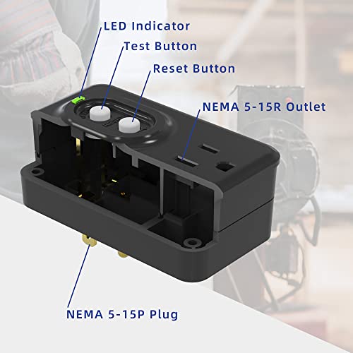 Aida Gfci Adapter, 15 Amp Single Outlet Grounded 3-Prong Gfci Adapter, For Indoor Use With Manual Reset, Ul Listed, Black, 1 Pack #TOP2