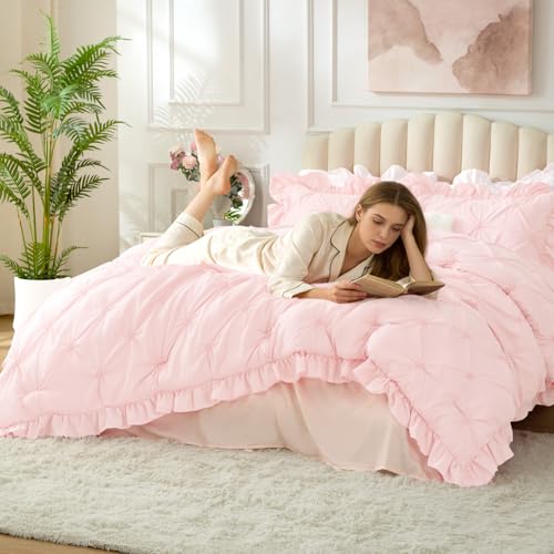 Image of BEDELITE Queen Comforter Set Ruffle-Baby Pink,Lightweight & Soft Comforter | Pintuck Boho Bedding, Warm & Cute Bed Set for All Season,With 2 Pillowcases