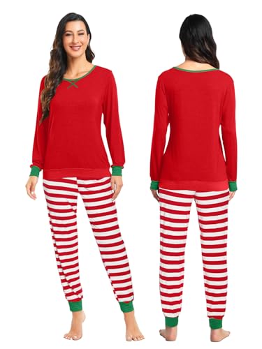 Matching Couple Pajama Set Winter Christmas Modal Sleepwear with Pockets Loungewear Set Red & Green Stripe 2XL2