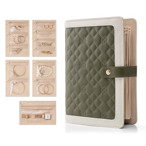 Vlando Organizador de livros de joias – Estojo de couro para viagem com 5 páginas destacáveis para colares, anéis, brincos, sem emaranhados, para presente, verde-oliva