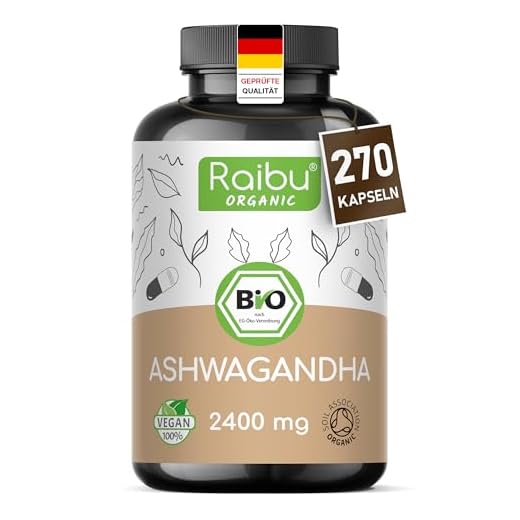 Ashwagandha Kapseln BIO Hochdosiert, 270 Kapseln mit 2400mg pro Tagedosis I Ashwagandha Wurzel Pulver in hoher Bio Qualität, ohne Zusätze aus deutscher Produktion I Raibu