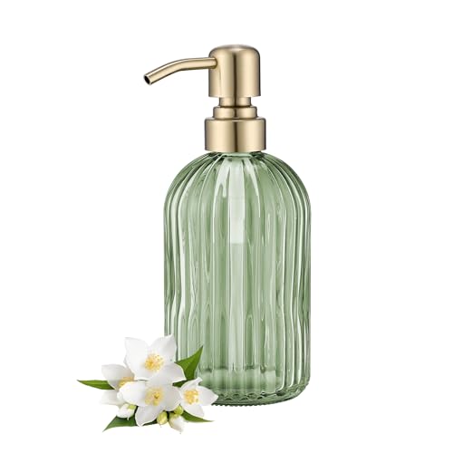 16Oz Green Glass Soap Dispenser with Rust Proof Stainless Steel Pump Green Stripe Bathroom Hand Dish Lotion Dispensers with Brushed Gold Pump Brushed Gold Glass Soap Dispenser