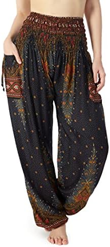 Lannaclothesdesign Women's Smocked Waist Boho Flowy Yoga Harem Pants Hippie Clothes
