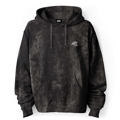 DALIX UFO Embroidered Fleece Hoodie Mineral Wash Long Sleeve Sweatshirt Mens