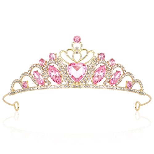 CAVETEE Crown and Tiara for WomenPrincess Tiara Heart Crystal Rhinestone Crown happy birthday decorations for Birthday Party Wedding Pageant Hair Accessory (Pink one size)