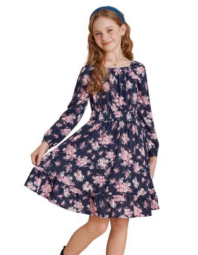 GRACE KARIN Kleider für Mädchen Langarm Kinder A-Linie Blumenkleid Quadratischer Ausschnitt Blau 8-9 Jahre