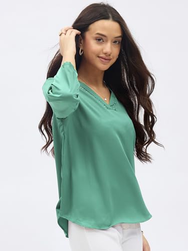 Image of SheWill Printed Top with Contrast Tipping - Stylish Ethnic & Western Tops for Women - Summer Travel Wear, Trendy Tops for Jeans, Lightweight & Comfortable Casual Wear