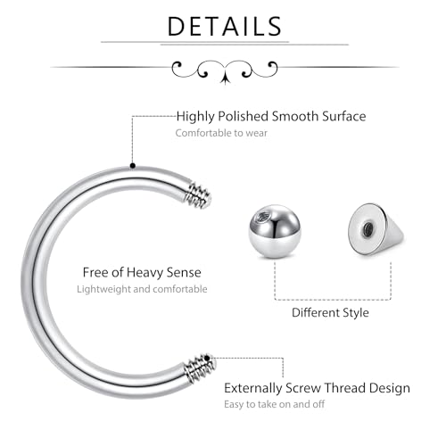D.Bella 16G 14G Horseshoe Rings Surgical Steel Nose Septum Horseshoe Hoop Earring Eyebrow Tragus Lip Rings Daith Helix Piercing Jewelry for Women Men 6-12mm Smily Piercing Jewelry2