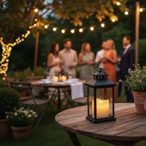 Image of Coku LT-22 Vintage LED Candle Lantern with LED Pillar Candle, Battery Operated Wall Hanging Lamp Decorative Lantern, Flameless Antique Glass Candle Holder for Home Decor, Diwali (Black, Pack 1)